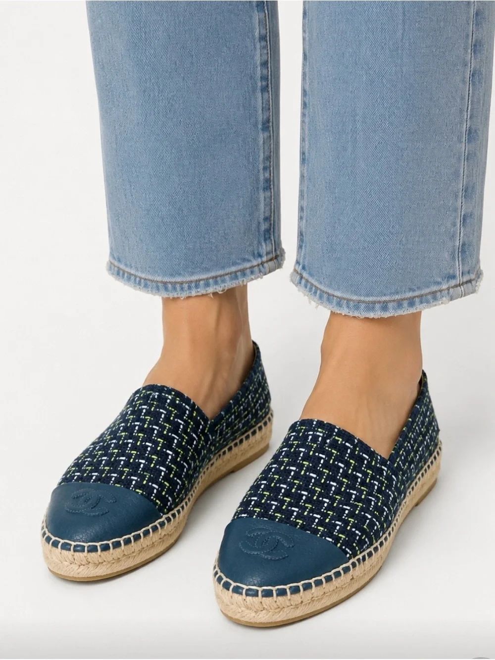 NWOT CHANEL CC Logo Cap Toe Navy Tweed Espadrille Flats Size EU 39